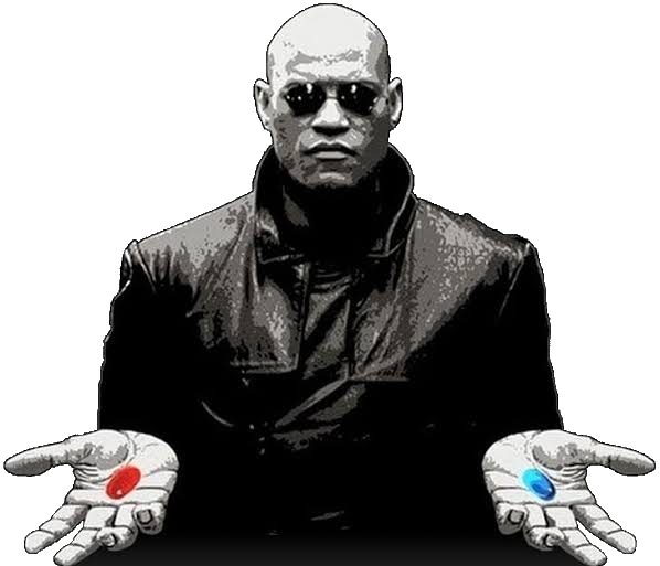 Morpheus holding out a red pill and a blue pill